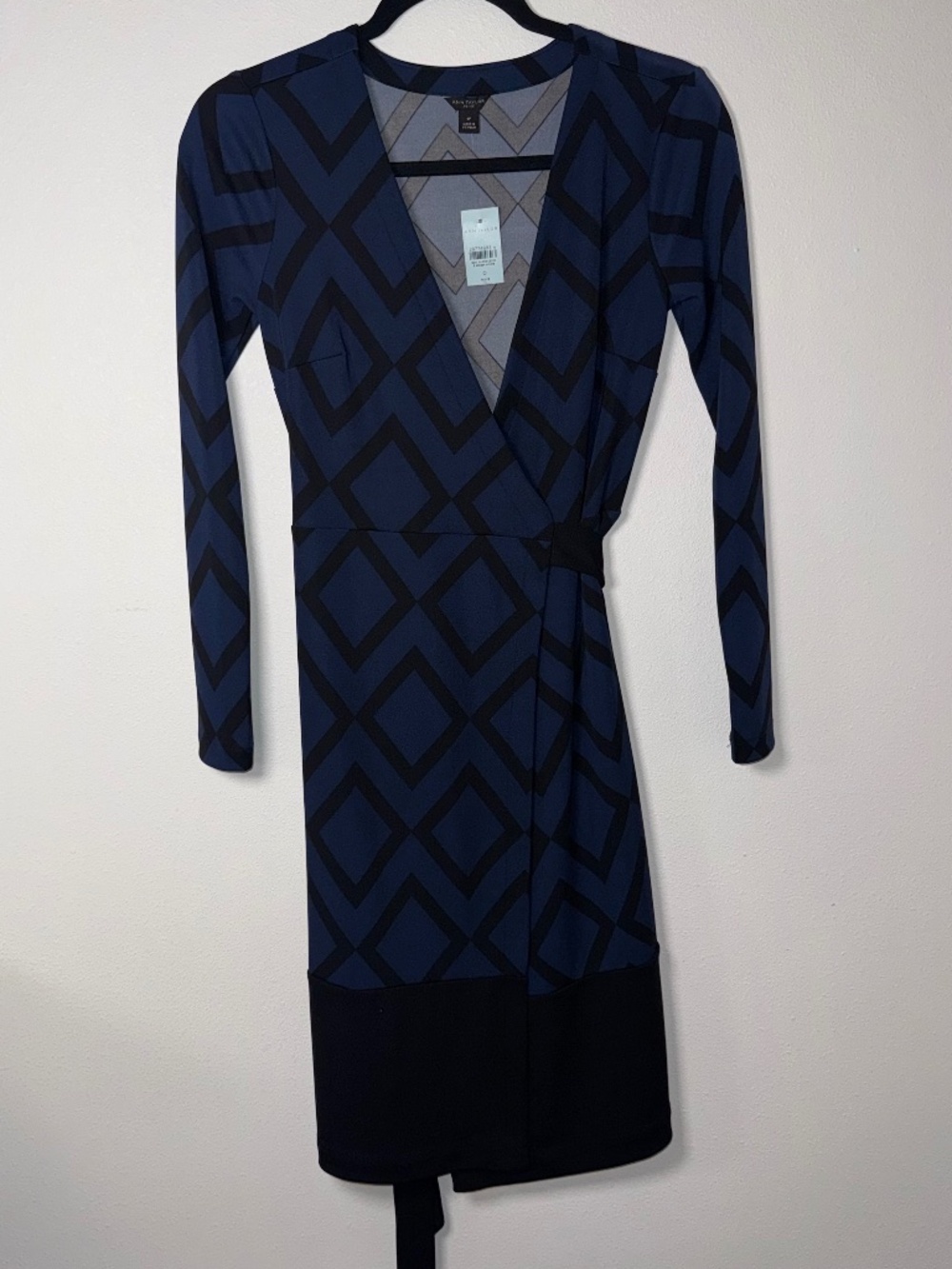 Ann Taylor Petite Wrap Dress Size 0P Long Sleeve Blue Black Geometric Retro NWT